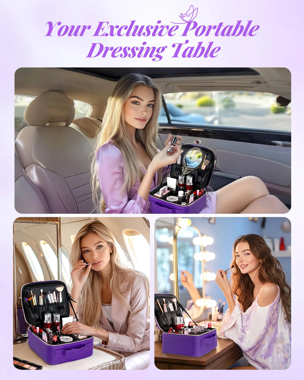 Makeup Bag With Mirror lamp,Travel Waterproof Necessary Beauty Brush Embroidery Tool Storage Cosmetic Case Portable Makeup Box
