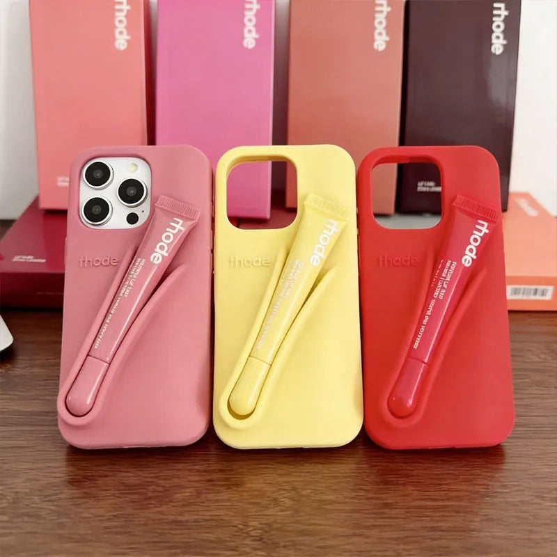 Makeup Rhode With Box Lipstick Holder Phone Case for IPhone17 Air 11 12 13 14 15 16 Pro Max Plus  Lip Gloss Silicone Soft Cover