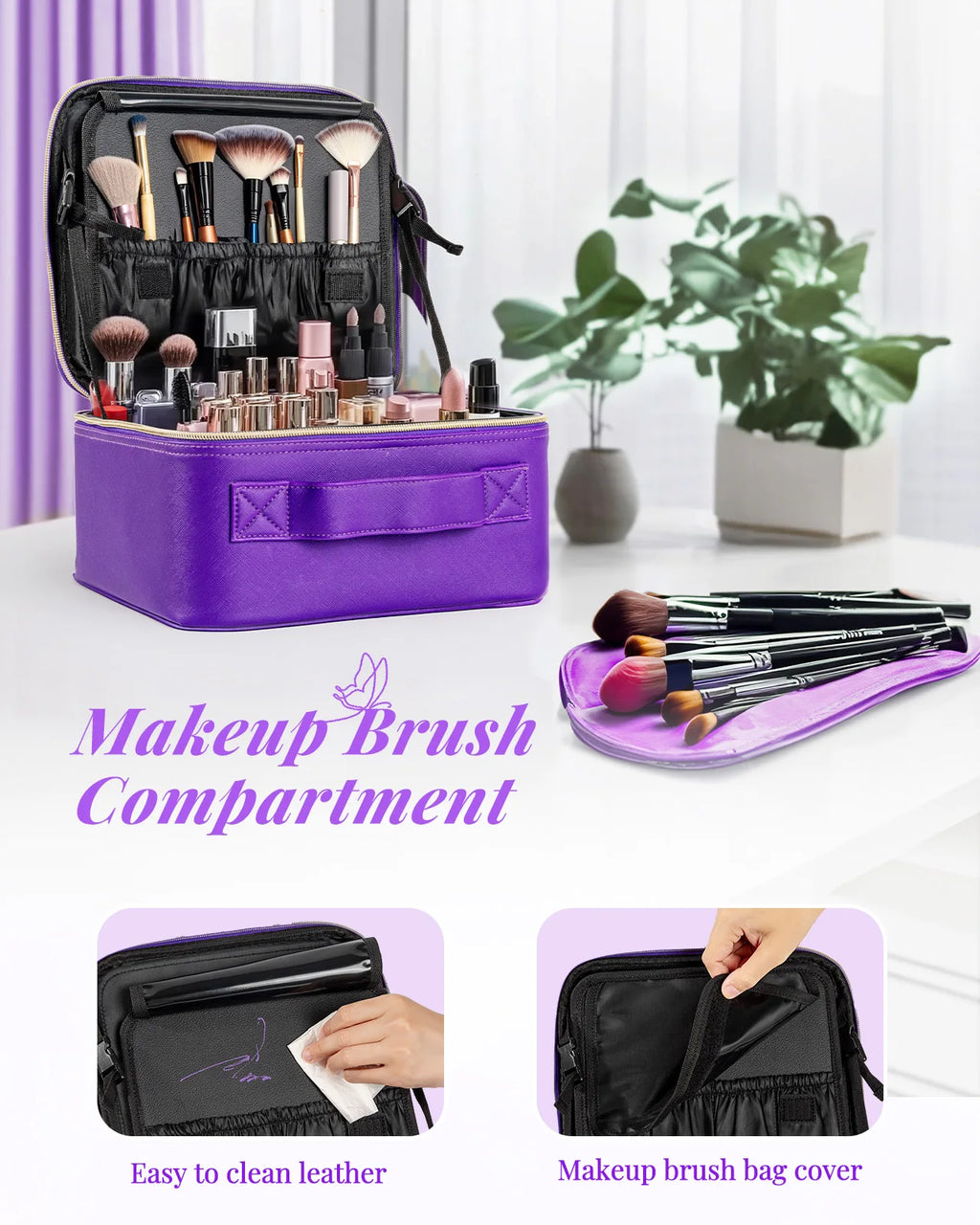 Makeup Bag With Mirror lamp,Travel Waterproof Necessary Beauty Brush Embroidery Tool Storage Cosmetic Case Portable Makeup Box