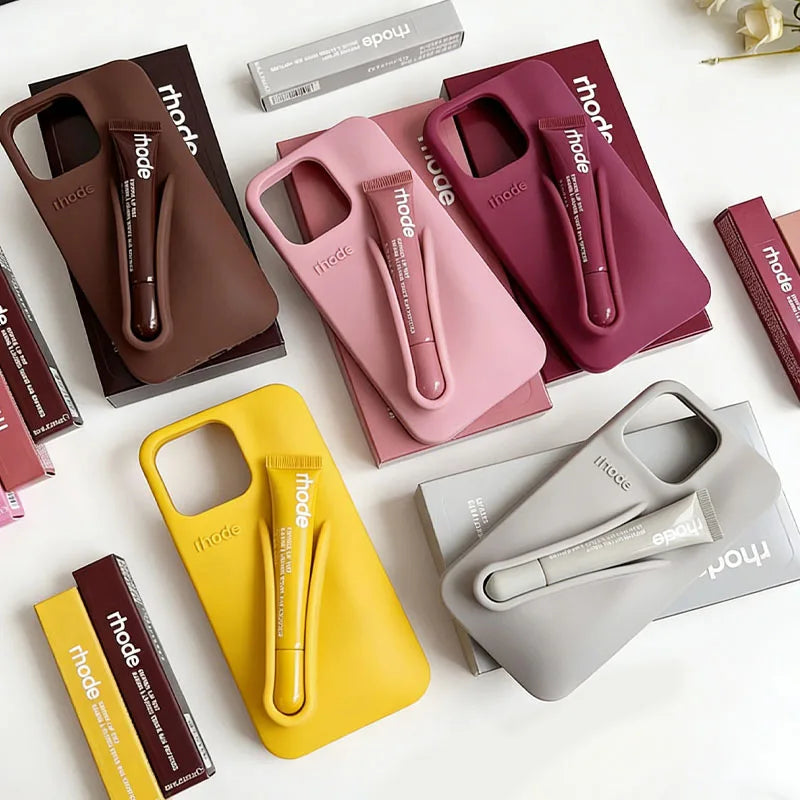 Makeup Rhode With Box Lipstick Holder Phone Case for IPhone17 Air 11 12 13 14 15 16 Pro Max Plus  Lip Gloss Silicone Soft Cover